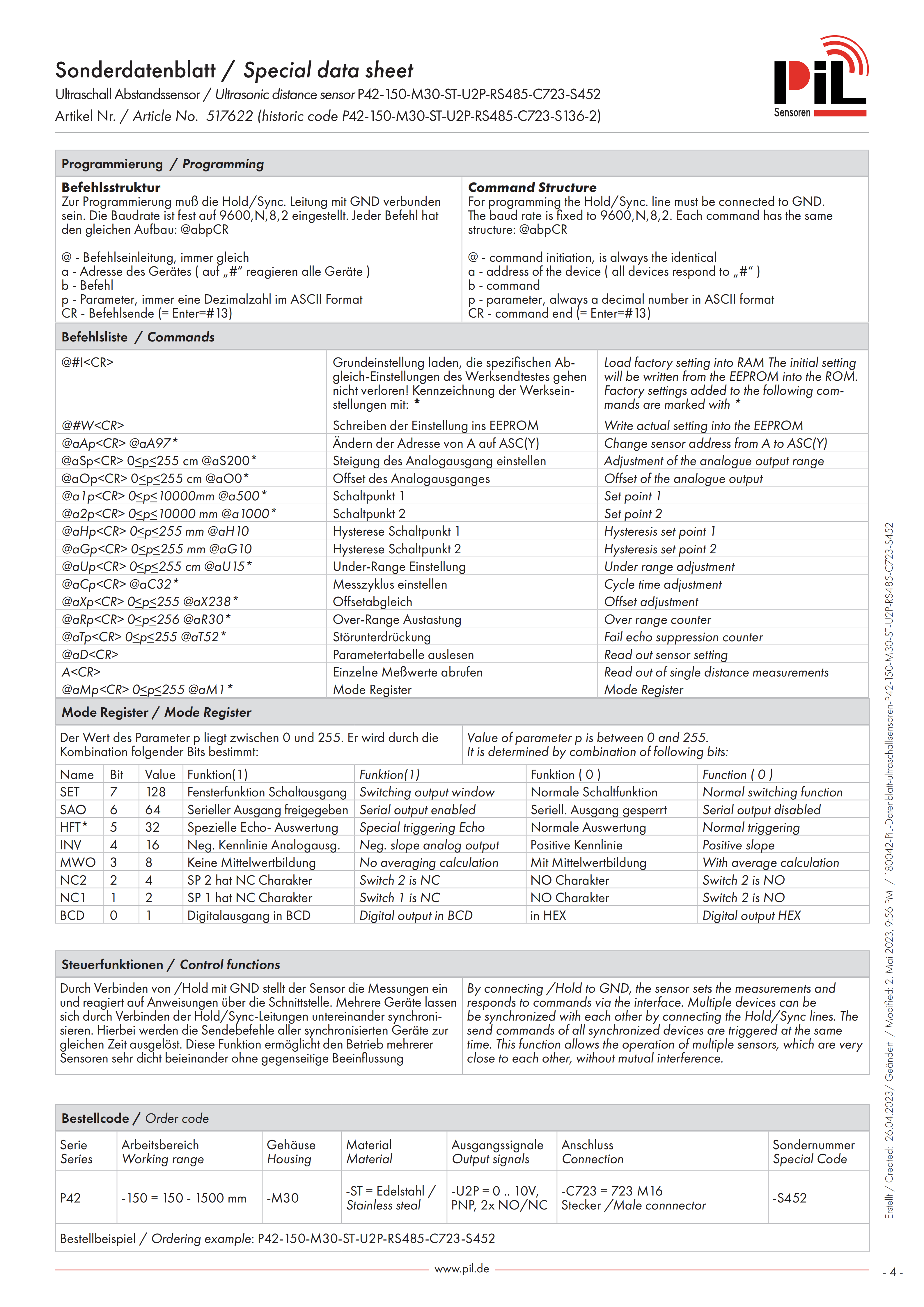 PIL Ultraschall Abstandssensor / Ulrasonic distance sensor P42-150-M30-ST-U2P-RS485-C723-S452 Artikel Nr./Article No.517622 (historic code P42-150-M30-ST-U2P-RS485-C723-S136-2)